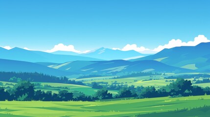 Mountain Landscape with Lush Green Meadow and Blue Sky