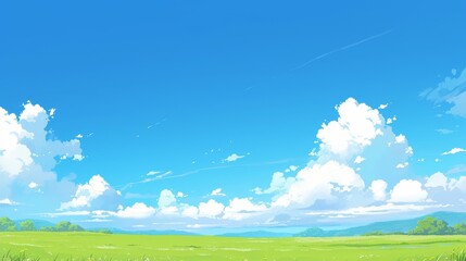 Fototapeta premium Summery Meadow with Blue Sky and Puffy Clouds