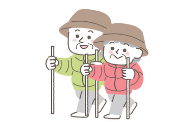 トレッキングをしているシニア夫婦のイラスト
