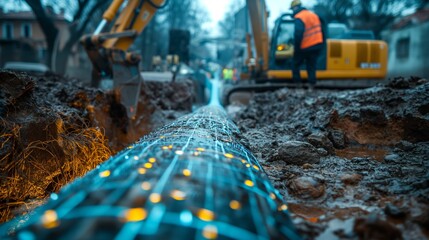Underground Pipeline Installation with Blue and Yellow Lights