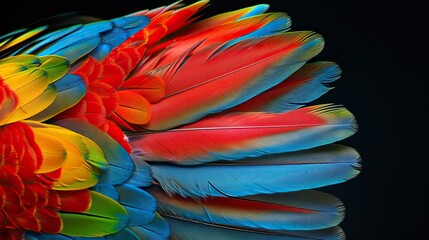 macaw Feathers on black background, Plumas de guacamaya sobre fondo negro, guacamayo