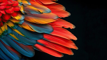 macaw Feathers on black background, Plumas de guacamaya sobre fondo negro, guacamayo