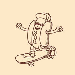 hotdog mascot with retro style and skateboard good for graphic design and logo