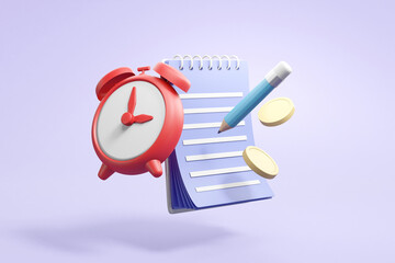 Time and Financial Planning: 3D Rendered Alarm Clock with Notebook, Pencil, and Coins