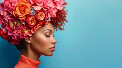 Naklejka premium Stylish woman with elegant hair and vibrant headpiece, Great for fashion editorials and advertisements focusing on distinctive hairstyles and accessories