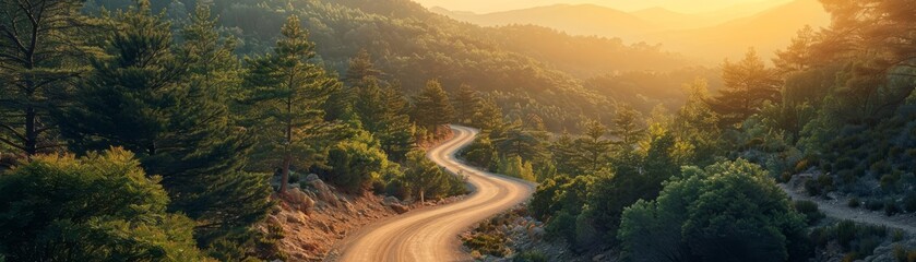 A winding road through a forested mountain area at sunset