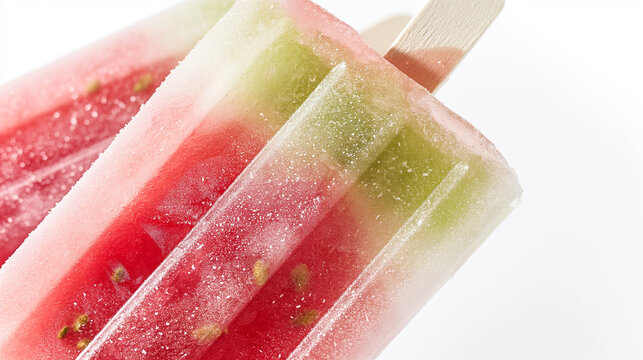 Refreshing watermelon ice pop, a closeup of a refreshing watermelon ice pop, its pink and green colors vibrant against the white background