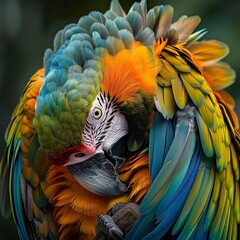 Obraz premium Macaw taking care of its plumage, Guacamayo cuidando su plumaje, 