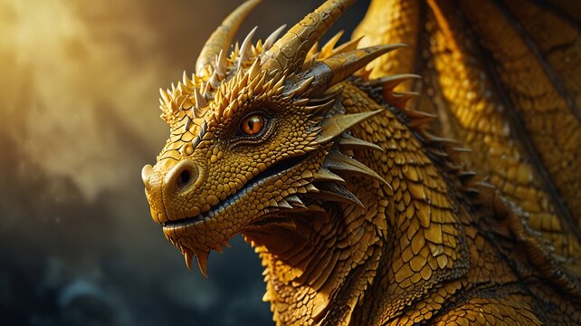 Close-up of a golden yellow dragon with shiny scales and watchful eyes.