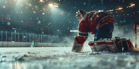 hockey goalie kneels on the ice in front of a goalie net, ready to block any incoming shots with precision and agility.