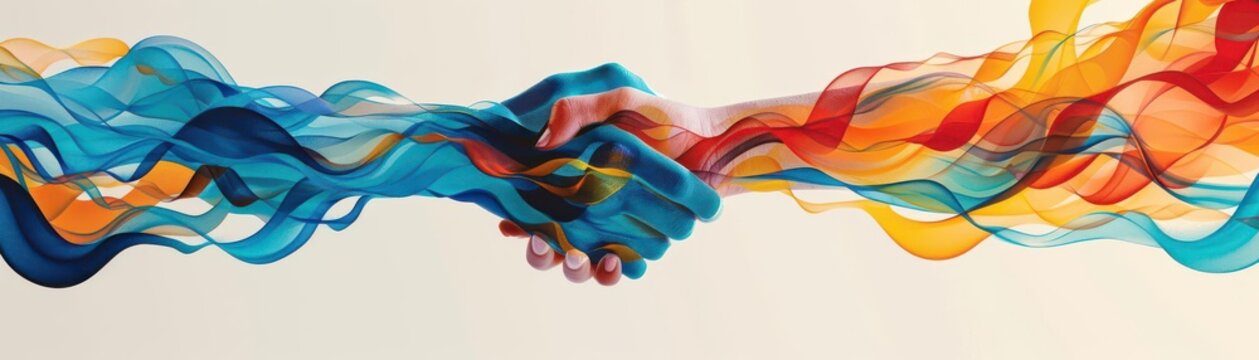 Abstract artistic handshake with colorful waves, representing collaboration, partnership, and unity in a dynamic and creative composition.
