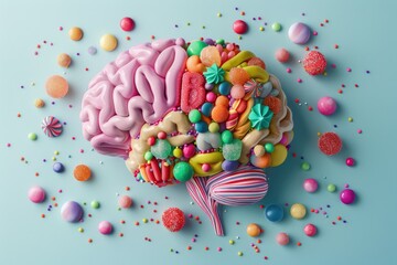 Brain Made of Candy on Blue Background
