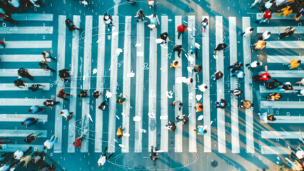 Futuristic crosswalk scene with digital data displays, diverse crowd of people crossing