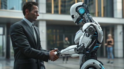 a robot and a businessman are shaking hands