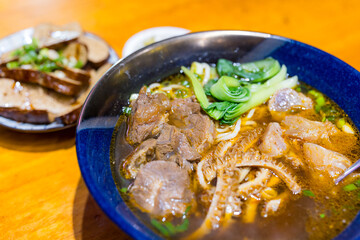 Taiwanese famous food with sliced red braised beef noodles