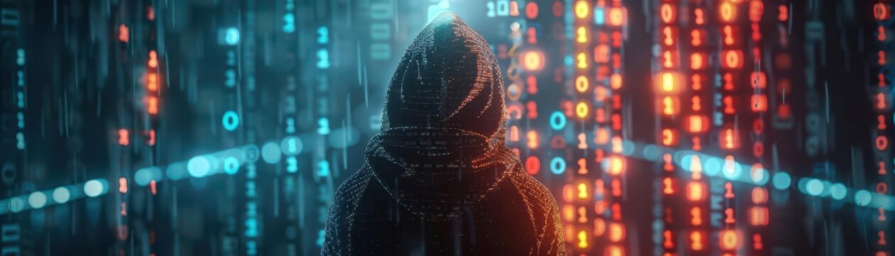 Abstract digital data encryption, hooded figure in shadows, binary code matrix, neon highlights, highresolution 3D render
