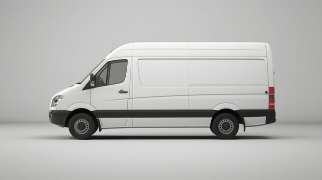 4. Produce a high-quality mockup of a clean, blank white delivery van with side view, isolated on a neutral background. Tailor the spacious area for custom graphics or promotional artwork related to
