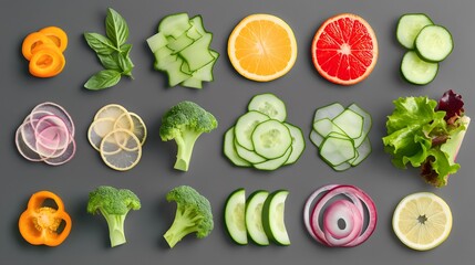 4. Generate a crisp and clear assortment of vegetable slices, skillfully separated on a transparent background. This collection promises versatility, suitable for adding a touch of freshness and