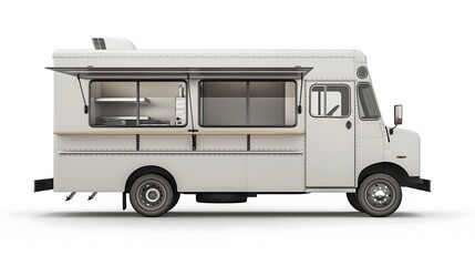 2. Design a professional-grade mockup of a food truck in side view, isolated on a clean, white background. Utilize the spacious area for branding or promotional designs, ideal for restaurants,