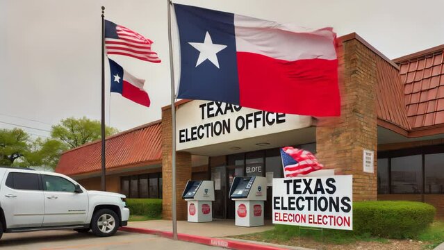 Texas Election Office Building With Flags and Signs