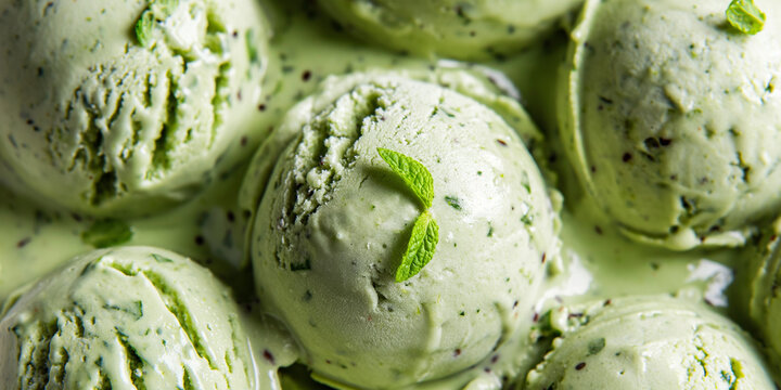 A closeup of refreshing cilantro lime ice cream, its green color and zesty flavor highlighted against a white background