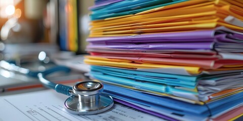 Medical Records Stacked High with Stethoscope