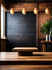 photo wooden podium table and blurred background indoor restaurant blur background dark