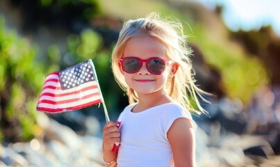happy cute blonde little girl wearing sunglasses and red shorts holding American Flag Hat on her white t-, realistic photography, stock photo, simple composition, feminine, soft light background, 
