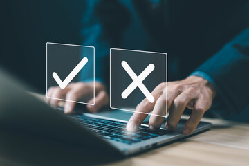 a vote checks right and wrong marks, yes or no decisions. concept of deciding to choose, business...