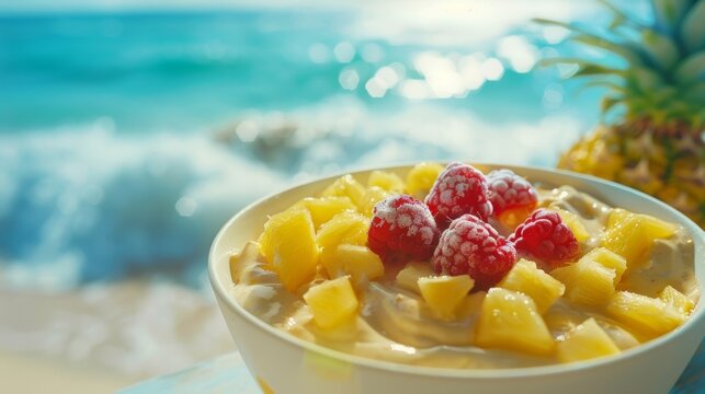 A refreshing smoothie bowl with a tangy twist featuring gfruit chunks and pineapple tidbits enjoyed on a picturesque beachfront.