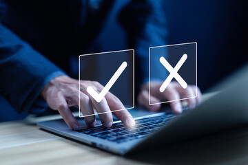 a vote checks right and wrong marks, yes or no decisions. concept of deciding to choose, business...