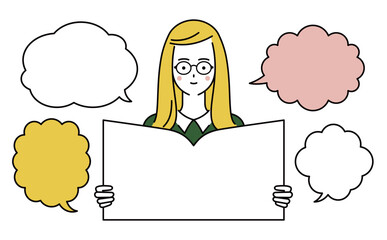 読書女子＆吹き出しイラスト素材セット