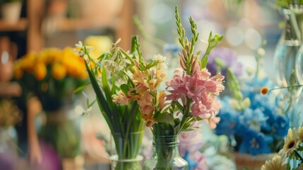 Momentary pause during the flower arranging workshop captured in a defocused glimpse.