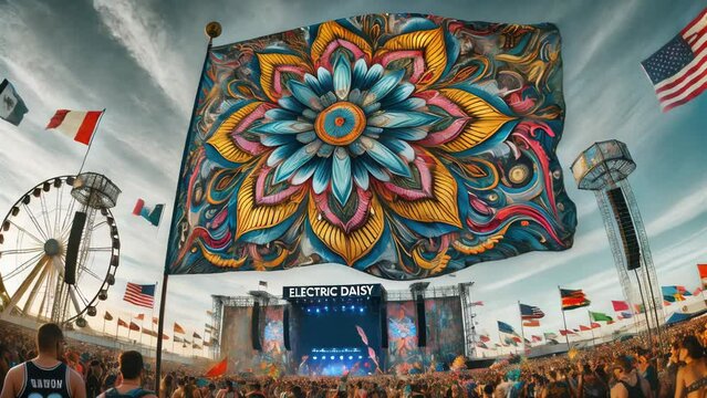 Colorful Flag Waves at Electric Daisy Carnival Music Festival
