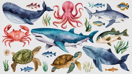 a collection of watercolor clipart showcasing hand-drawn underwater animals, including a whale,...