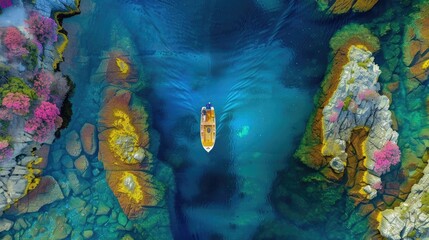 Fototapeta premium Aerial view of a lone boat navigating through clear turquoise water surrounded by colorful rocky outcrops and lush vegetation.