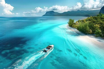 Aerial view of a luxury yacht cruising on tropical turquoise waters near a pristine beach with lush green forest and distant mountains.
