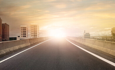 Highway overpass with city building soft blurry in sunset and sunrise background. 3D illustration.