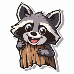 sticker of Cheeky raccoon peeking out from behind a tree trunk, cut out stickers