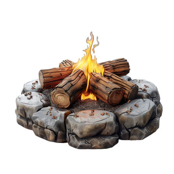 recommend clip art: A campfire clipart, camping item, 3D illustration, with logs, isolated on white background