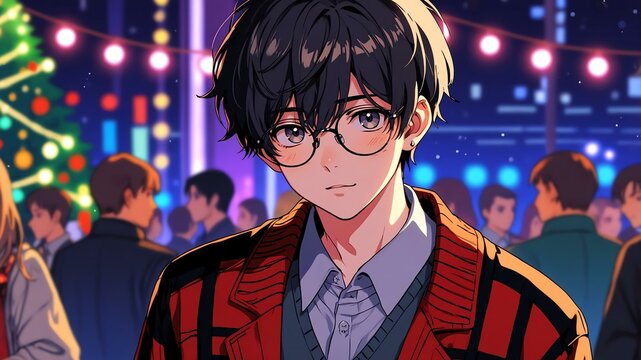 lofi aesthetic anime boy with glasses at festive night background