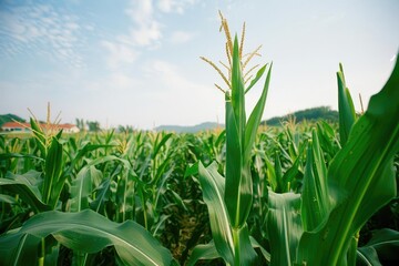 Obraz premium Lush green cornfield under a clear sky, showcasing healthy corn plants growing in rows on a bright sunny day in the countryside.