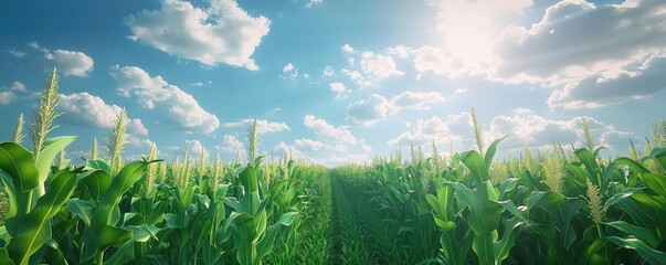 Obraz premium Lush green corn field under a bright blue sky with scattered clouds, showcasing the beauty of nature and agriculture on a sunny day.