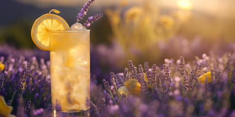 An aromatic lemon lavender cocktail, presented in a tall glass, infused with lavender and garnished with a lemon twist