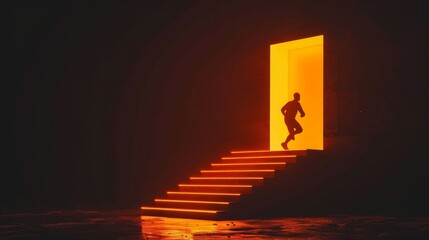 Fototapeta premium Escape to Enlightenment: Silhouette of a Man Running Towards a Glowing Exit Door on a Staircase at Sunset, a Study in Contrast and Exploration