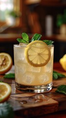 Fototapeta premium A refreshing glass of homemade fresh lemonade in a kitchen with a lemon slice and a garnish of mint. 