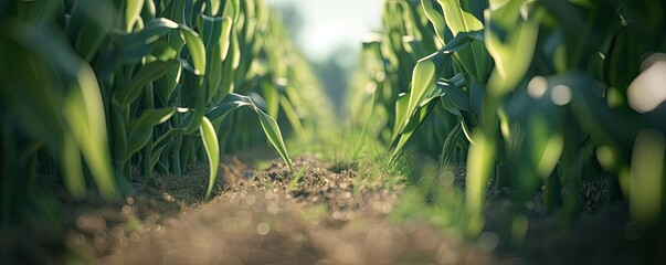 Obraz premium Close-up of a vibrant green cornfield with a focus on the soil and leaves, depicting agricultural growth and natural beauty.