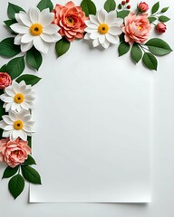 Portrait white mock up background with blank paper and floral texture for banner, poster, card, invitation, template, and mock up