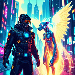 Fototapeta premium cyberpunk inventor with a magical companion