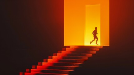 Escape to Enlightenment: Silhouette of a Man Running Towards a Glowing Exit Door on a Staircase at Sunset, a Study in Contrast and Exploration